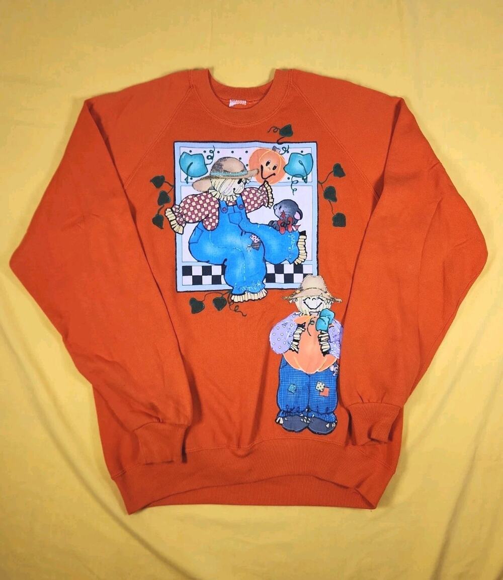 Vintage 80s Scarecrow Sweatshirt Crewneck Orange Raglan Thanksgiving Halloween